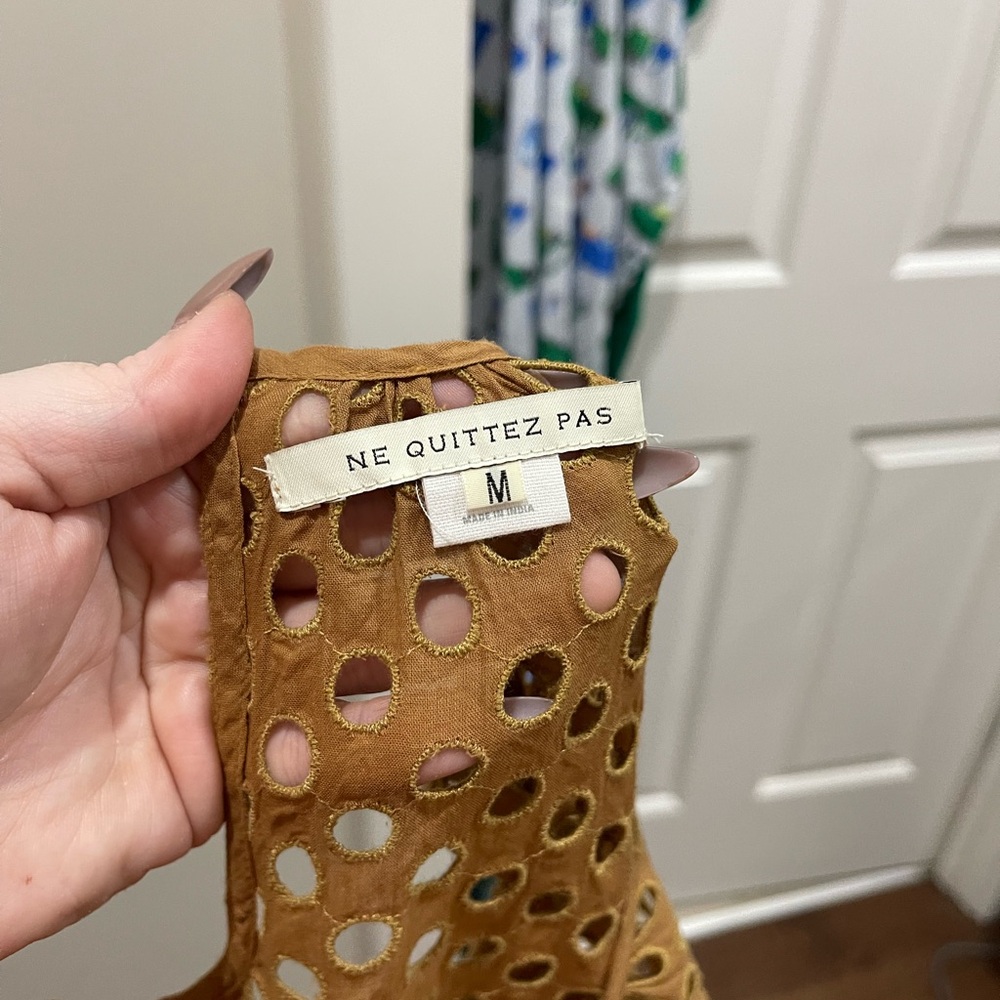 Anthropologie | $450 Ne Quittez Pas Uptown Midi Honey Brown Eyelet Dress M - Picture 3 of 8